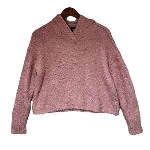American Eagle Fuzzy Knit Hoodie Sweater Pink Cropped Soft Cozy Medium Pullover
